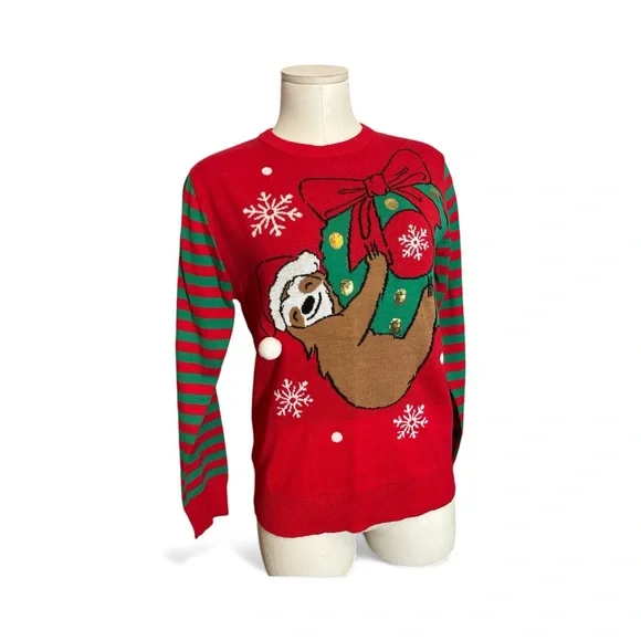 MAD Engine Sloth Santa Hat Hanging on Ornament Wreath Ugly Christmas Sweater - Picture 2 of 5
